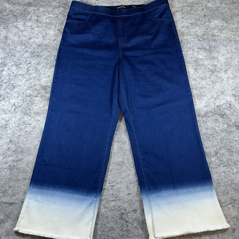 Susan Graver Wide-Leg Jeans‎ Women's 18W Blue Dip-Dye Soft Stretch Pull-On Artsy